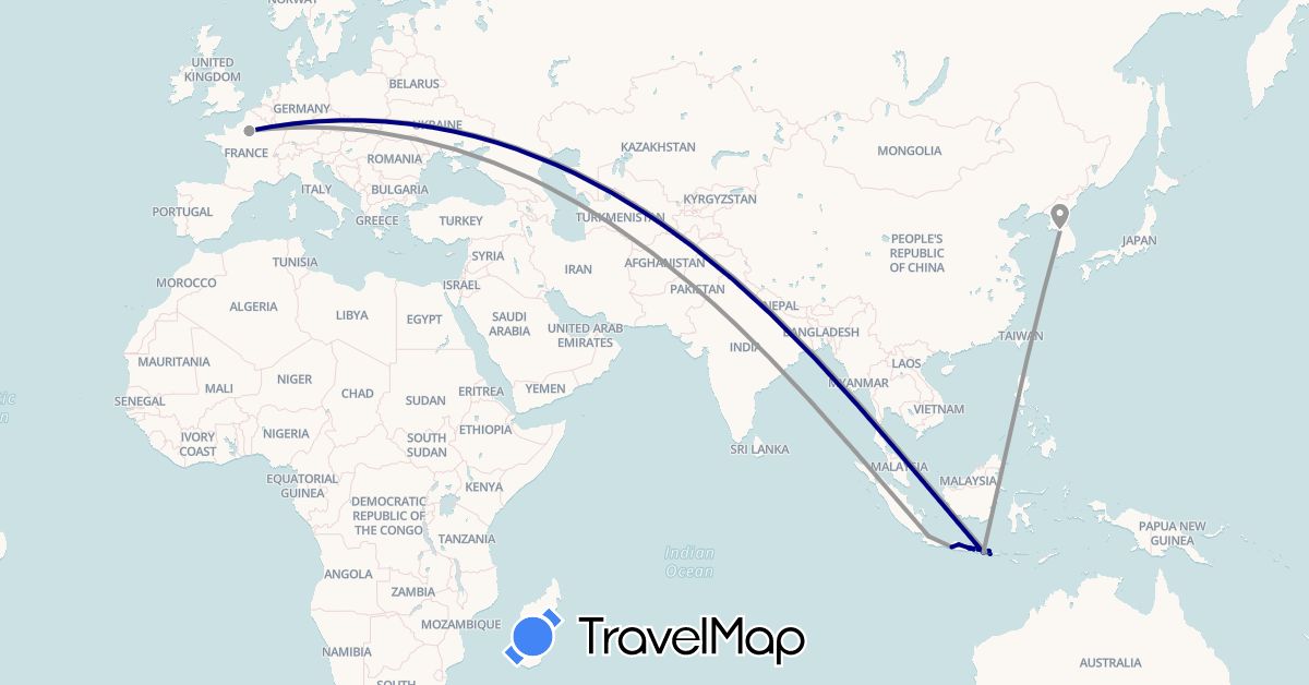 TravelMap itinerary: driving, plane, boat in France, Indonesia, South Korea (Asia, Europe)
